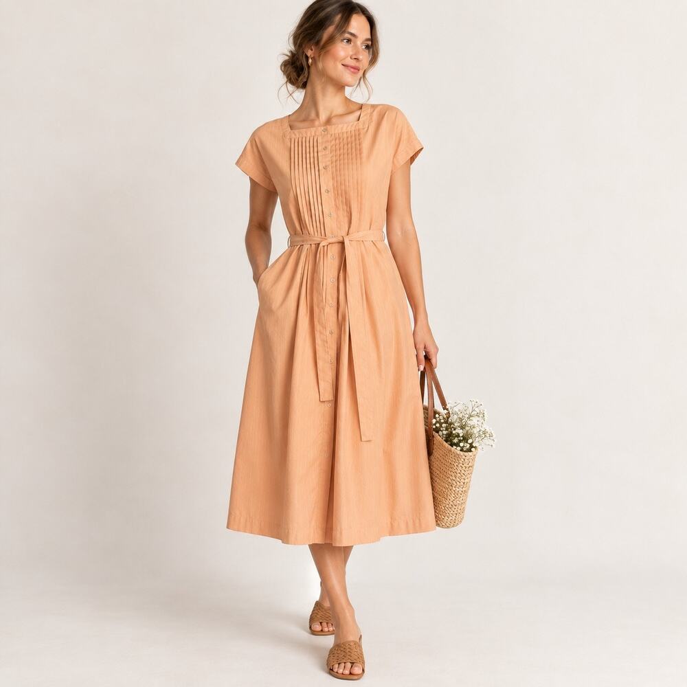 Vintage 70s Howard Wolf Peach Pintuck Belted Shirt Dress Midi M/L